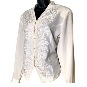 Laura Mae long sleeve white button up shirt embroidery and pearl beads size 14